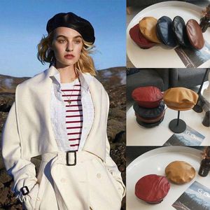 Mode femmes béret solide Faux cuir PU bérets artiste français chaud bonnet chapeau 2020 chaud nouveau