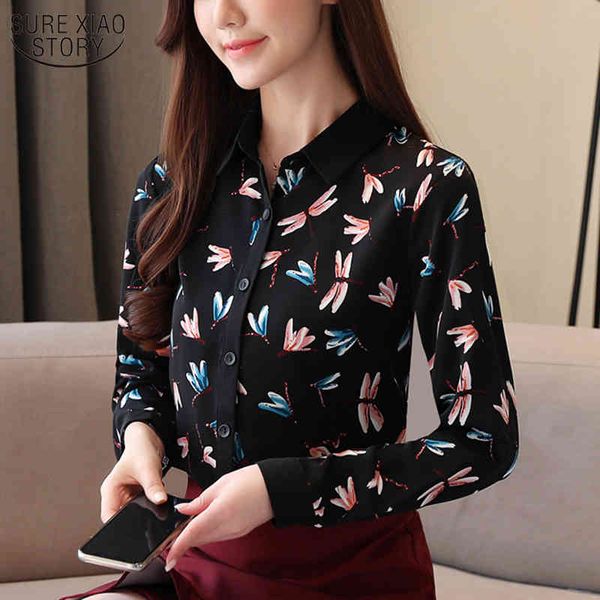 Mode Femmes Blouses Imprimé À Manches Longues Vintage Top Femme Noir Floral Lâche Automne Femmes Blouse En Mousseline De Soie Féminin 10747 210508