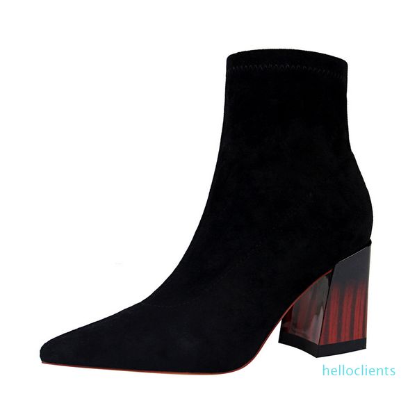 Botas de mujer de moda Pelusa algodón decorativo Tubo bajo puntiagudo Grueso tacón alto sexy tamaño 34-40