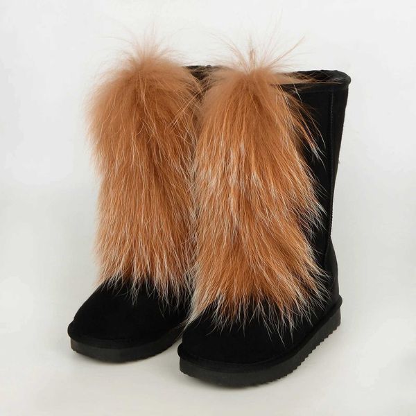 Mode femmes bottes bottes d'hiver bottes de fourrure réelle moelleux fourrure chaussures plat genou haute doublure en peluche Sexy dames bottes de neige chaudes