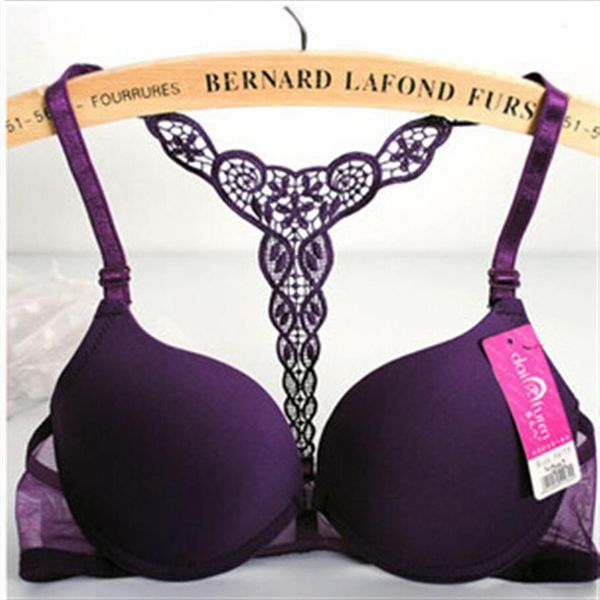 Mode femmes soutien-gorge fermeture avant Sexy dentelle dos nageur Surface lisse Push Up sous-vêtements Lingerie Sujetador rouge noir Purple285H