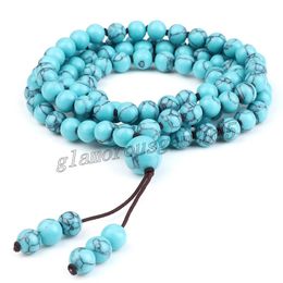 Mode femmes Bracelets 6mm bleu clair Turquoises pierre naturelle bouddha charme Yoga Bracelet 108 Mala perles collier hommes bijoux