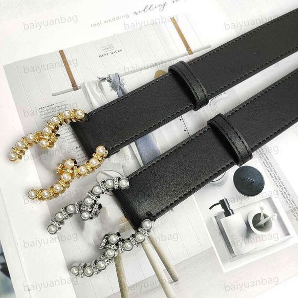 Fashion Women Brand Belt C Cow Wide Pearl Smooth Buckle Bels