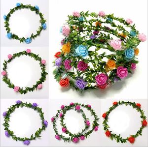 Fashion Women Bruid Flower Hoofdband Boheemse stijl Rose Flowers Crown Hairband Ladies Beach Hair Accessories Mooie meid krans