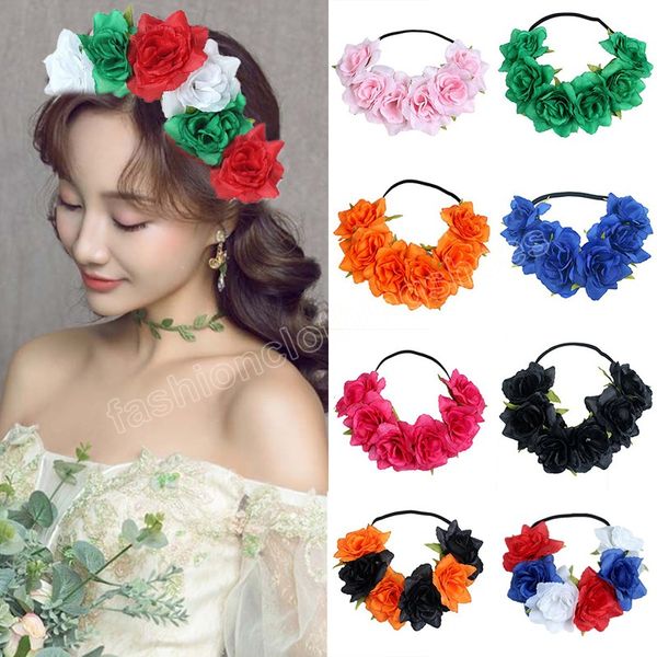 Fashion Women Bride Flowers Bandband Mexican Style Rose Fleur Couronne Coiffure Coiffure pour femmes ACCESSOIRES DE CHEVEUR DE PLAQUE ELASTIQUE