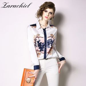 Mode vrouwen casual patroon print en blouses vrouwelijke lange mouw satijnen losse blusas dames kantoor shirts Top 210416