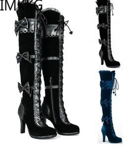 Mode femmes classique gothique bottes Cosplay noir Vegan cuir genou haute arcs Punk bottes femme 20111032654708979997