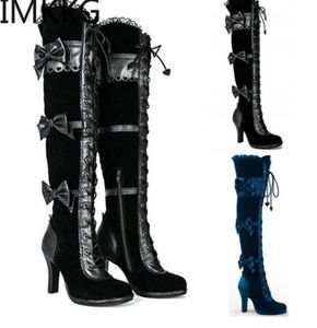 Fashion Women Classic Gothic Boots Cosplay Black Vegan lederen knie Hoge bogen Punk Boots Vrouw 20111032654706487264