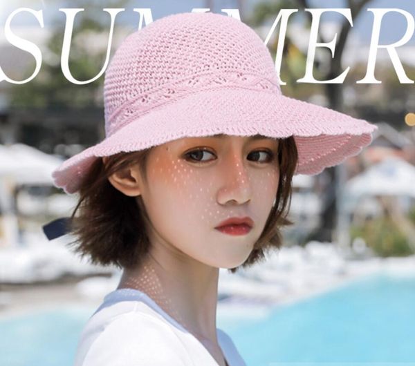 estilo de verano, sombrero de paja Lafite, sombreros de sol vacíos de vacaciones para damas, pajarita, sombrero de protección solar de playa grande sombreros de ala ancha