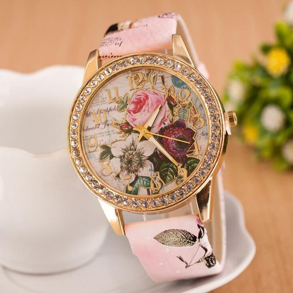 Mode femmes horloge strass motifs de fleurs robe montres femme heure en cuir fleur Rose dame analogique Quartz Vogue montre-bracelet