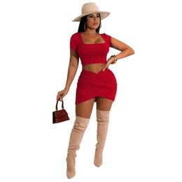 Moda Mujer Ropa Sexy Midriff-baring Tops Chándales Vestidos Trajes de dos piezas Camiseta de manga corta con cuello en U MINI-Skirt Sweatsuits