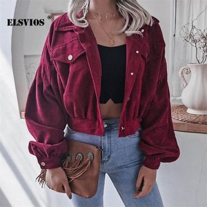 Mode Femmes Velours Côtelé Lanterne Manches Longues Revers BF Style Veste Automne Hiver Élégant Solide Couleur Lâche Casual Vestes Courtes 220722