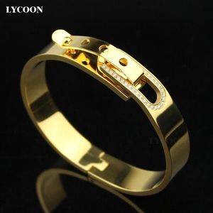 Mode dames manchet vorm speciale gespant armbanden bangle 316L roestvrij staal nagels armband geel goud met cz252i