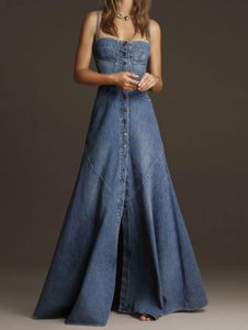 Mode Frauen Denim Tank Kleid Vintage Quadrat Kragen Taille Sommerkleid Sommer Knöpfe Maxi Kleid Urlaub Solide Roben 231220