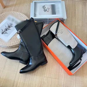 Botas de diseñador a la moda para mujer, botas por encima de la rodilla con hebilla plateada hasta la rodilla, Botas Largas de cuero genuino negro, botas hasta la rodilla de lujo para mujer