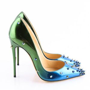 Gratis verzending Mode Dames Designer Gloednieuwe Groene Spikes Klinknagels Point Teen Hoge Hakken Pumps Schoenen Stiletto 33-43cm 12cm 10 cm Casual schoenen