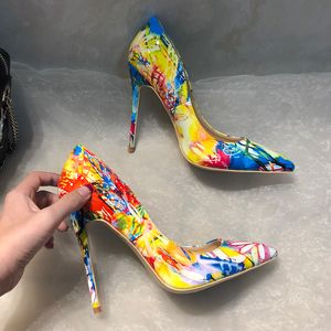 gratis mode vrouwen designer merk nieuwe geel gedrukt lakleer punt teen hoge hakken pompen schoenen stiletto 3343 cm 12 cm 10 cm nieuwe