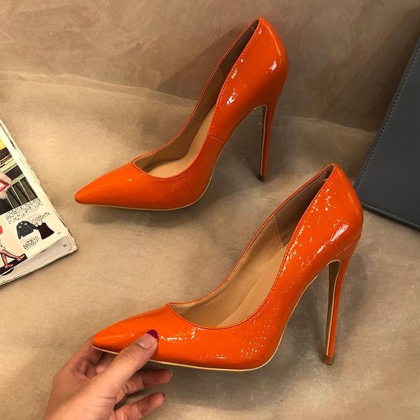 Mode Femmes Designer Marque Orange En Cuir Verni Point Toe Talons Hauts Pompes Chaussures Stiletto 33-43cm Robe De Soirée