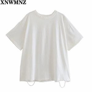 Mode vrouwen vernietigen wassen katoenen t-shirts vrouwelijke gescheurde zachte witte tees dame plus size basic tops voor zomer 210520
