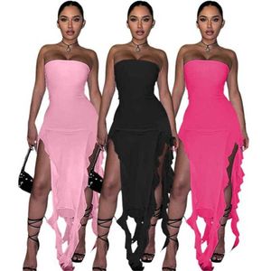 Mode Dames Jurken Sexy Slash Neck Ins Style Chest Wrapped Mesh Patchwork Ruffle Slit Dress