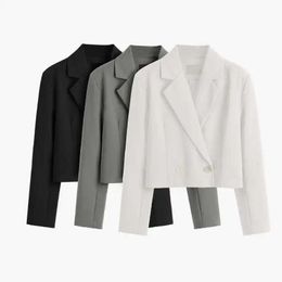 Moda mujer elegante chaqueta corta casual trabajo de oficina vintage color sólido manga larga cuello con muescas chaqueta cruzada 240223