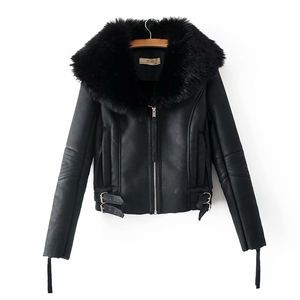 mode vrouwen faux lam wol bont lederen jas winter streetwear dame zwarte bovenkleding met zachte kraag coole vrouwelijke pakken 210430