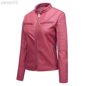 Fashion Women Faux Leather Biker Jacket Solid Color Slim Ladies Coats Casual Zipper Motorcycle Leather Outdiner L220801