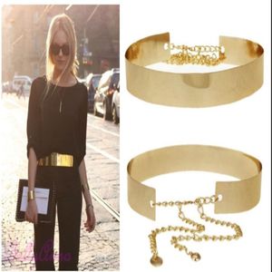 Fashion Women Full Gold Silver Metal Mirror Taist Belt Metallic Gold Plate large Band Obi avec chaînes 291S