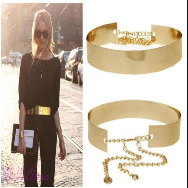 Fashion Women Full Gold Silver Metal Mirror Taist Belt Metallic Gold Plate large Band Obi avec chaînes 305T