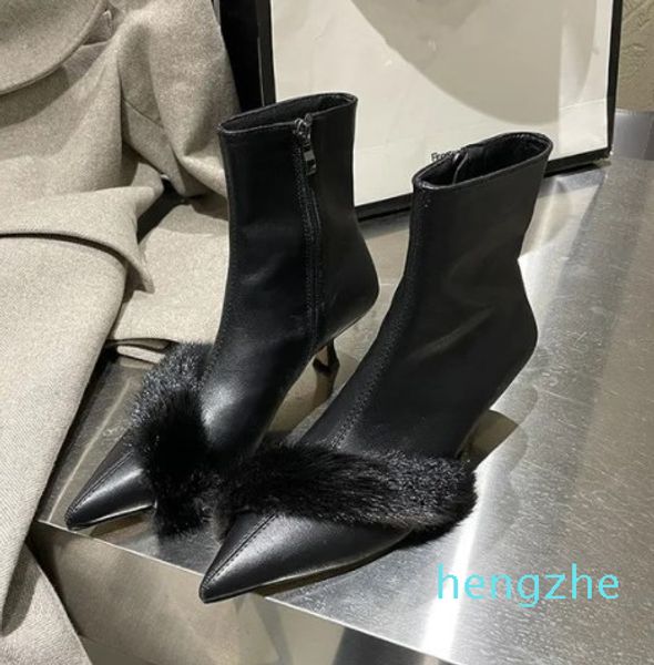 Mode femmes fourrure bottines bout pointu côté fermeture éclair dames chaussette chaussures noir bleu Beige hiver pompes chaussure femmes bottes courtes