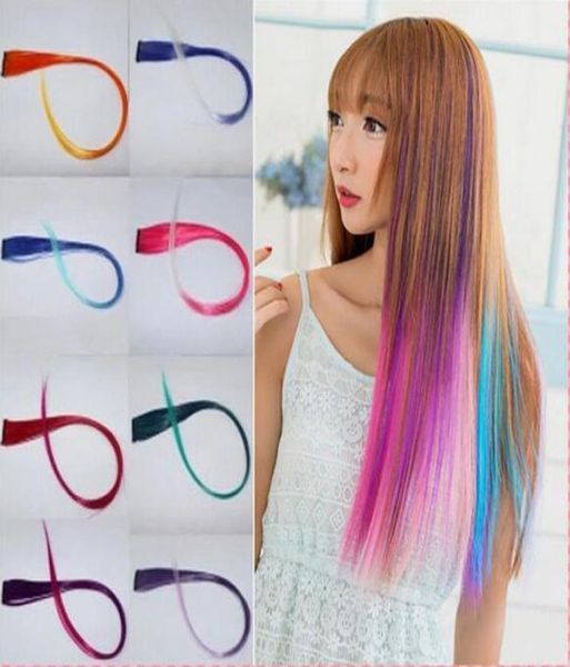 Moda mujeres niñas Multicolor largo recto sintético Clip en extensiones de cabello Ombre 52 cm Clip de pelo colorido en 5608971