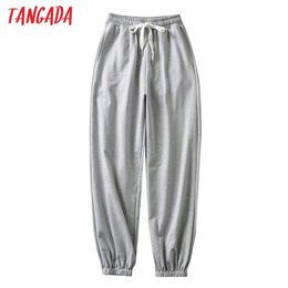 Moda mujer gris cargo strethy pantalones de cintura pantalones sueltos joggers mujer pantalones de chándal streetwear TM2 210416