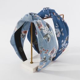 Fashion Women Hair Accessoires Denim Hairbands Floral Printing Hoofdband brede zijde Knoopte Hair Hoop Bezel Hoofdtooi