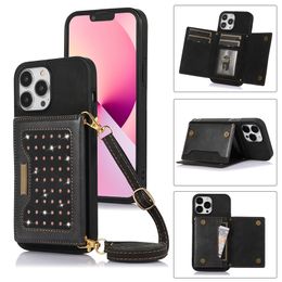 Fashion Women Handbag Case portable Cas de téléphone en cuir PU avec support de carte pour iPhone 11 12 13 MINI 14 15 Plus Pro Max XS XR XSMAX 7 8 Plus sur le téléphone portable BACK BACK MQ30