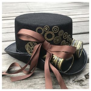 Moda mujer hecho a mano Steampunk Top Hat con gafas de engranaje y cinta etapa Magic Bowler Cosplay sombreros de ala ancha Oliv22