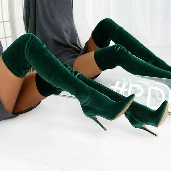 Mode femmes bottes hautes 2021 Sexy bout pointu talon mince cuisse haute bottes longues femme troupeau élastique vert sur les bottes au genou Y1018
