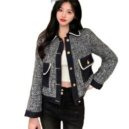 Moda mujer chaquetas solapa suelta mezclilla bolsillos de retales un solo pecho manga larga Tweed abrigo otoño 2024 prendas de vestir exteriores Tops 240104