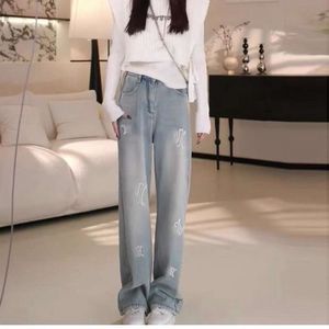 Mode dames jeans designer broek damesbrief geborduurde grafische denim broek massieve kleur hoge taille losse jeanbroek