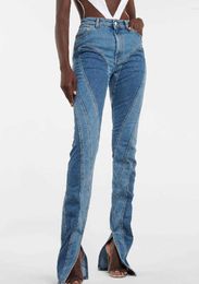 Mode Femme Jeans Slim Deconstruct Lambrissé Patchwork Taille Haute Split Bleu Long Denim