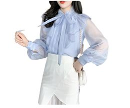 Fashion Femmes Laçage Col de nœud à manches longues volants Patchwork Murffon Blouse Desinger Shirt Plus Taille Smlxlxxl Tops