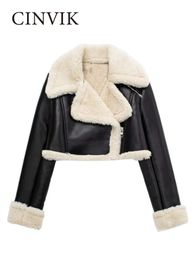 Moda mujer chaqueta de cuero ropa de invierno chaquetas con cremallera frontal sólida Vintage cuello de solapa elegante traje de señora abrigo cálido 2023 240105