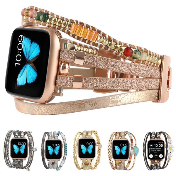 Correa de cuero de moda para mujer para iWatch Series Ultra 2 8 7 6 SE Pulsera de joyería de metal para Apple Watch Band 9 Ultra 49 mm 44 mm 40 mm 45 mm 41 mm Cinturón