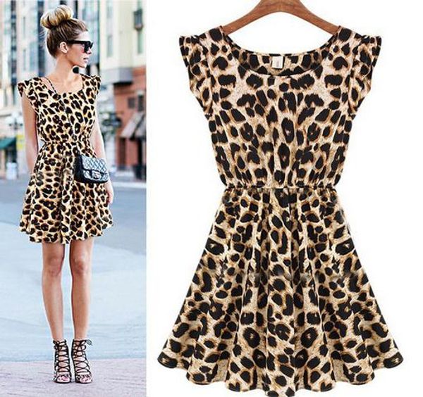 Mode femmes léopard grain imprimé robe dame sexy soirée club mini robes A-ligne rue style vêtements d'été livraison directe