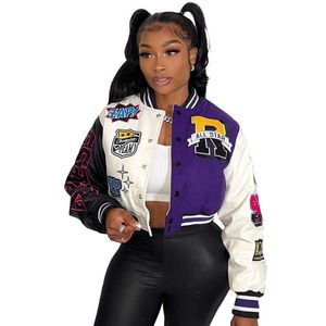 Mode Femmes Lettre Imprimer Baseball Veste Varsity Manteau Desinger Double Fileté Recadrée Patchwork Bouton Letterman Vestes