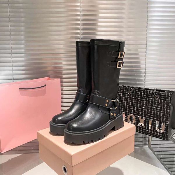 Mode Femmes Bottes Longues MARGARET Tall Boot Italie Belles Plateformes Imperméables Noir Marron Double Boucles En Cuir Designer Fête De Mariage Longs Bootes Box EU 35-40