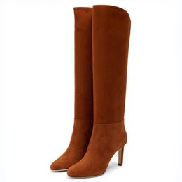 Moda mujer lujo invierno botas altas Karter 85 gamuza bota Italia delicada cabeza redonda marrón piel de becerro diseñador moda boda fiesta tacones altos botines largos caja UE 35-43