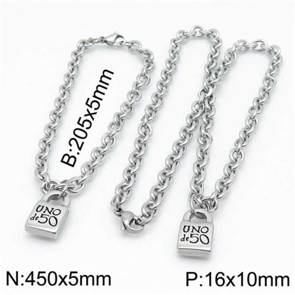 Mode Femmes Hommes Argent Couleur Or En Acier Inoxydable Serrure Ronde Clé Coeur Uno de 50 Boule Perle Bracelet Collier Ensembles De Bijoux 210320