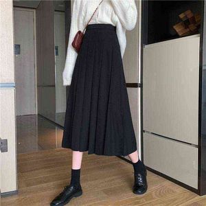 Mode Vrouwen Mid-Calf Rok Hoge Elastische Taille Koreaanse Simple Solid Office Work Casual Harajuku All-match Chic Sweet Skirt G220309