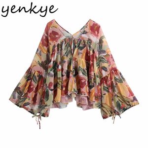 Mode Vrouwen Multicolor Print Chiffon Blouse Sexy Lace Up V-hals Flare Sleeve Holiday Boho Zomer Tops Plus Size Blusas 210514