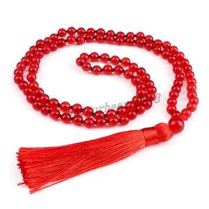Collar de moda para mujer, joyería, 108 cuentas, 6mm, piedra Natural, Calcedonia roja, borla larga anudada, collar de Buda de Yoga, regalo para amigos